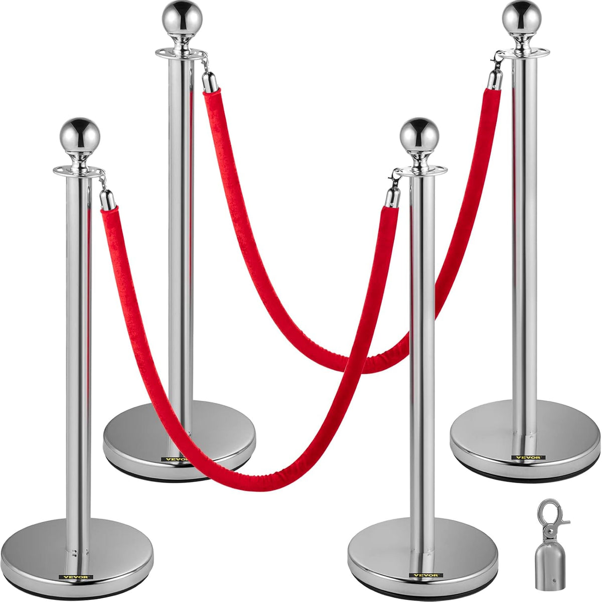 VEVOR Crowd Bar Crowd Control Barrier with Red Velvet Rope, 4 Pieces Silver Barriers with 1.5m Long Flannel Rope for Theatres, Hotels, Casinos, Events on the