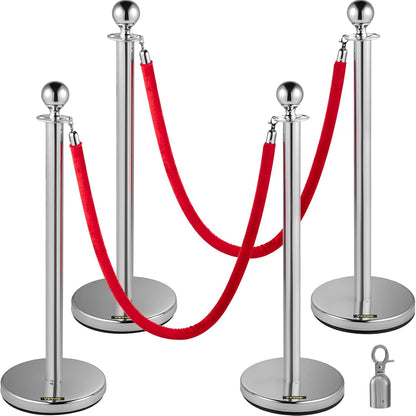 VEVOR Crowd Bar Crowd Control Barrier with Red Velvet Rope, 4 Pieces Silver Barriers with 1.5m Long Flannel Rope for Theatres, Hotels, Casinos, Events on the
