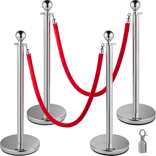 VEVOR Crowd Bar Crowd Control Barrier with Red Velvet Rope, 4 Pieces Silver Barriers with 1.5m Long Flannel Rope for Theatres, Hotels, Casinos, Events on the