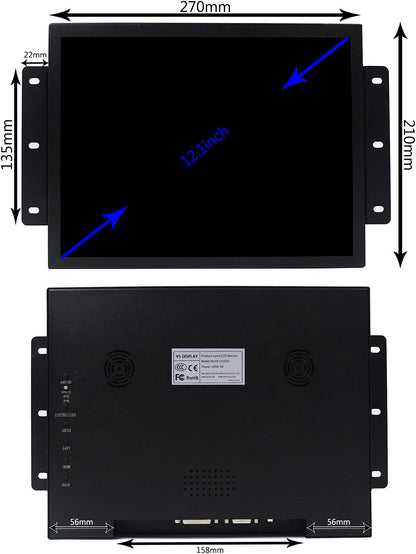 VSDISPLAY Draagbare industriële monitor, 12,1 inch 800x600 700nit TFT LCD-scherm en VGA DVI-poort, dubbele luidspreker, metalen behuizing en voeding