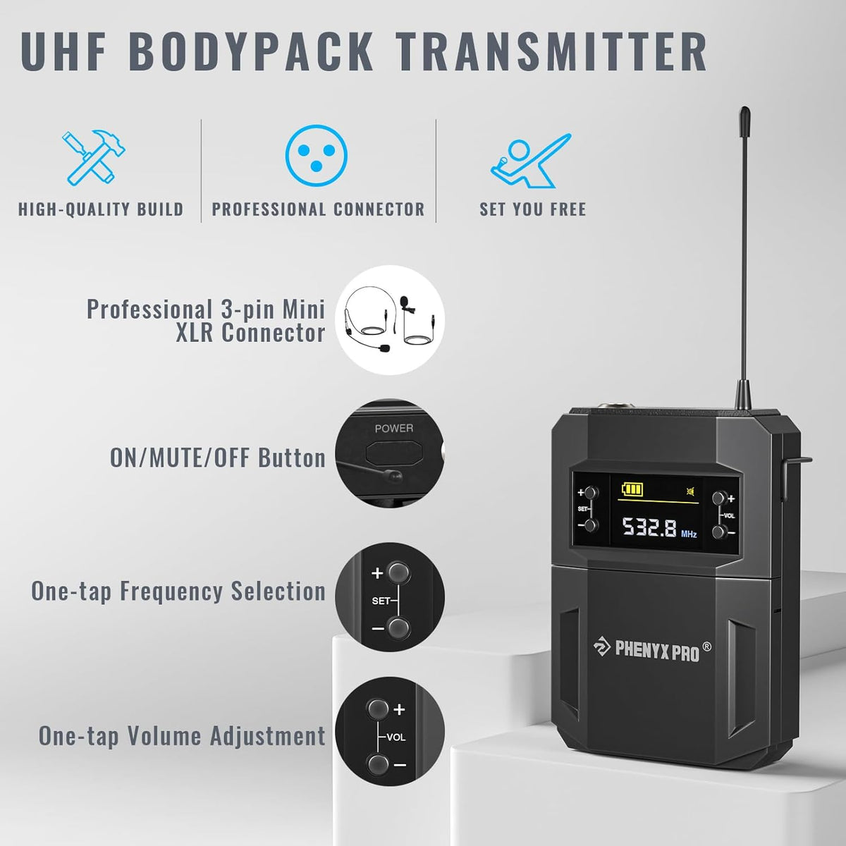 Phenyx Pro UHF Draadloos microfoonsysteem met 2 x 30 instelbare frequenties, draadloze metalen microfoonset, 61 m bereik, 2 bodypacks & headsets/microfoons voor spreken, zingen, kerk, DJ