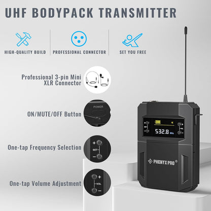 Phenyx Pro UHF Draadloos microfoonsysteem met 2 x 30 instelbare frequenties, draadloze metalen microfoonset, 61 m bereik, 2 bodypacks & headsets/microfoons voor spreken, zingen, kerk, DJ