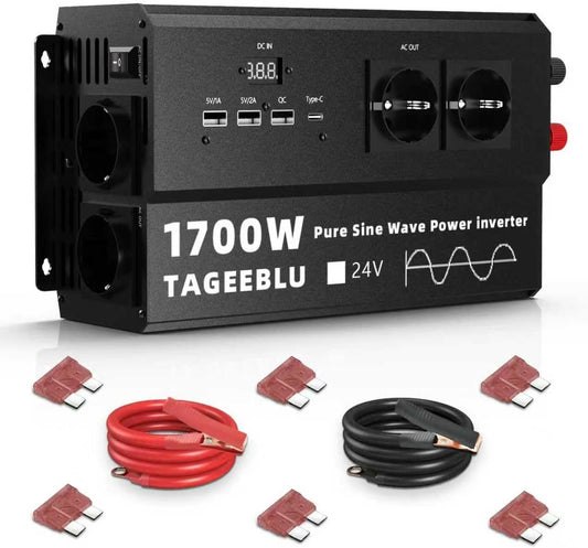 1700W 24V Pure Sine Wave inverter 24v 220v, 4 EU sockets, Type C 30W, Fast charging USB 25W, 3 USB ports, LED display