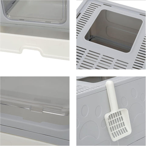 Kattenbak - Kattenbakvulling - Kattentoilet - Opvouwbare - met Deksel -  Inc. Scoop - Veer Teaser - Kam - Siliconen Borstel - voor Huisdieren - Gemakkelijk te Reinigen - 41 x 41 x 51 cm - Grijs