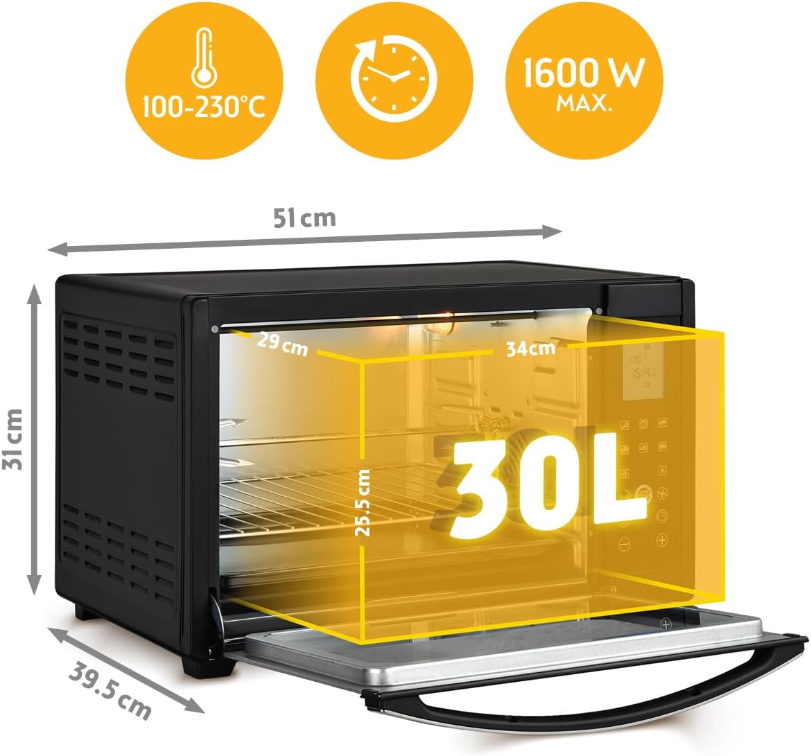 TZS First Austria - Minibakoven digitaal 30L 1600W - Mini Oven traploze temperatuurregeling tot 230°C - Minioven 60 m timer, 3 inschuifhoogtes, bakplaat & grillrooster - Voor kleine keukens & kamperen