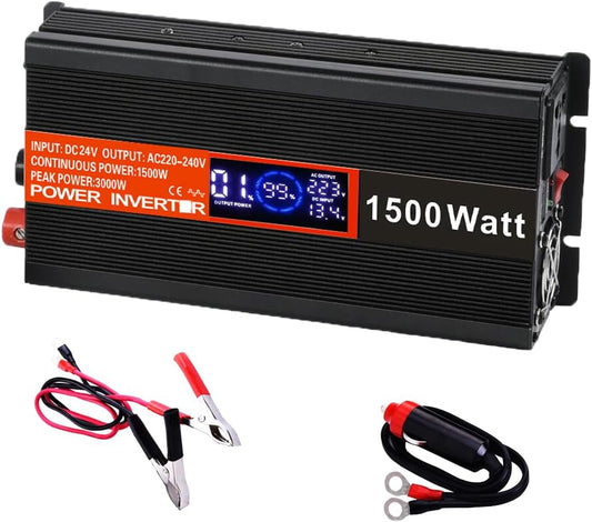 SolaMr 1500W Omvormer DC 24V naar AC 220V/240V met LCD-display en USB-oplaadpoorten Hoogfrequent omvormer voor op het voertuig gemonteerde systemen en kamperen in de wildernis, thuissystemen - 1500W