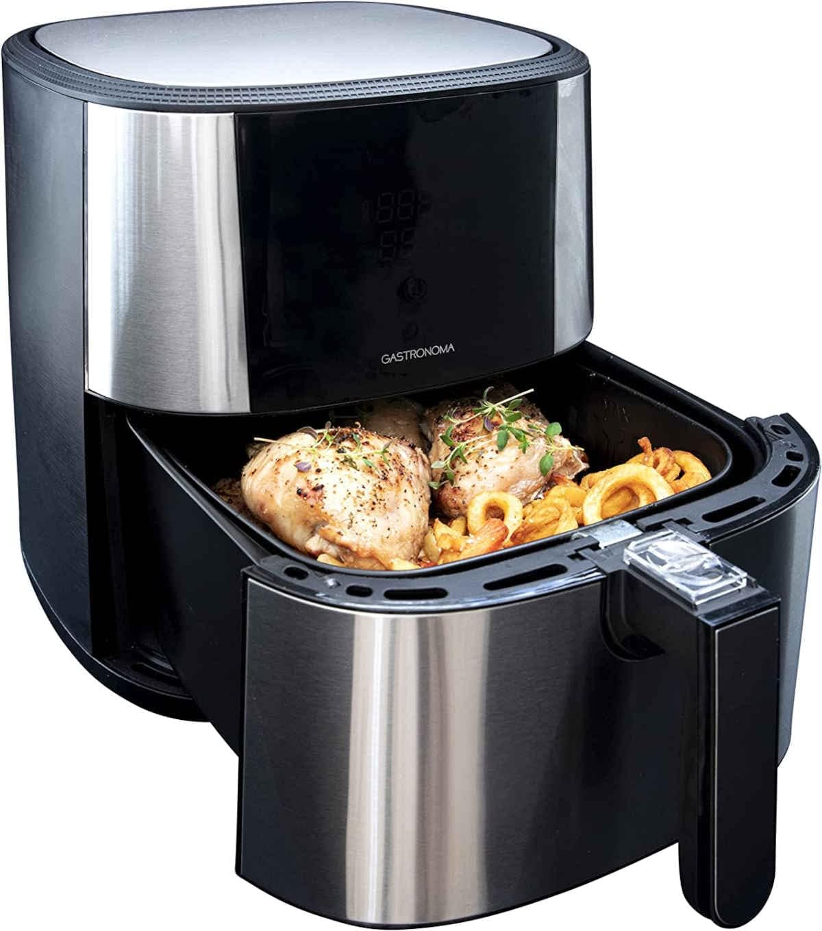 Gastronoma 18290002 Heteluchtfriteuse, 6 liter, XXL, van roestvrij staal, met digitaal led-display, 8 programma's, 1800 watt, heteluchtfriteuse, zonder olie, roestvrij staal, zwart
