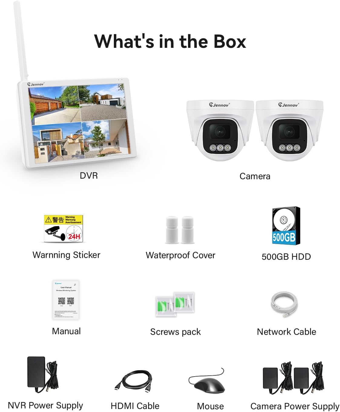 5MP Bewakingscameraset – Beveiligingscamera – Toezichtcamera – Buitencamera – WiFi Camera – 10" Monitor – 2 Draadloze Camera’s – AI Persoonherkenning & Geluid-Licht Alarm