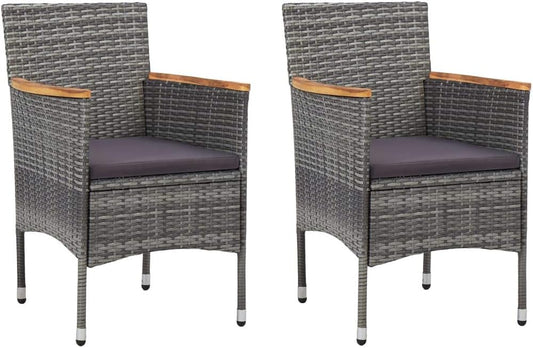 Set of 2 Rattan Garden Chairs with Grey Cushions, Modern Chairs with Armrests Made of Acacia Wood and Weatherproof Steel Frame for Outdoor Use - QUORE