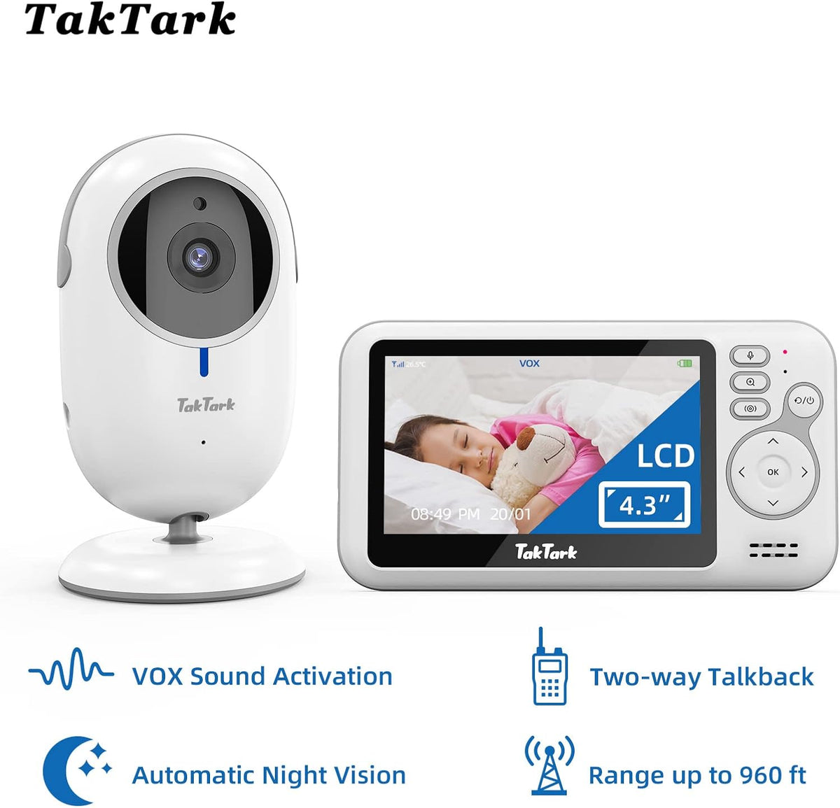 TakTark Babybewakingscamera, 11,9 cm (4,3 inch), draadloos, nachtzicht, VOX, bidirectionele communicatie, temperatuursensor, geen lichtstoringen, alleen beweging