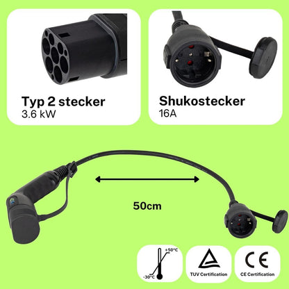 EV + Type 2 naar Schuko Adapter Oplaadkabel Laadkabel voor Elektrische Auto en PHEV, Type 2 IEC 62196 tot Schuko, Oplader Adapter Stekkerverbinding 1-fase 16A (3,6 kW) Zwart/Wit