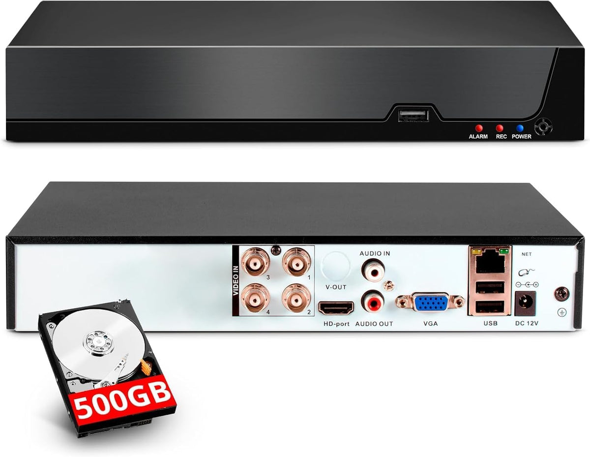 4-kanaals CCTV bewakingsDVR met 500 GB HDD, 4 Ch 5MP H.265+ DVR video-recorder voor analoge XVI AHD TVI IP-camera's, DVR voor beveiligingscamera-bewakingssysteem voor thuis, mobiele app en pc (systeem
