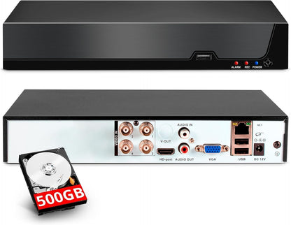 4-kanaals CCTV bewakingsDVR met 500 GB HDD, 4 Ch 5MP H.265+ DVR video-recorder voor analoge XVI AHD TVI IP-camera's, DVR voor beveiligingscamera-bewakingssysteem voor thuis, mobiele app en pc (systeem