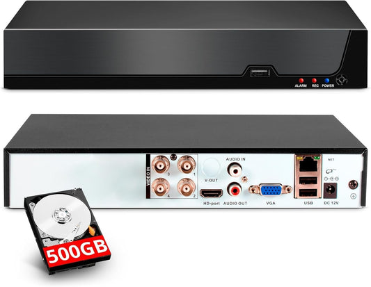 4-kanaals CCTV bewakingsDVR met 500 GB HDD, 4 Ch 5MP H.265+ DVR video-recorder voor analoge XVI AHD TVI IP-camera's, DVR voor beveiligingscamera-bewakingssysteem voor thuis, mobiele app en pc (systeem