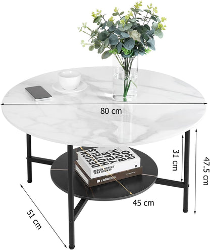 FATIVO Marmeren Top Salontafels Rond: 2-laags witte en zwarte salontafel 80 cm gesinterde steen hoogglans knikkereffect tafelblad met mat zwart frame moderne grote middentafel woonkamer