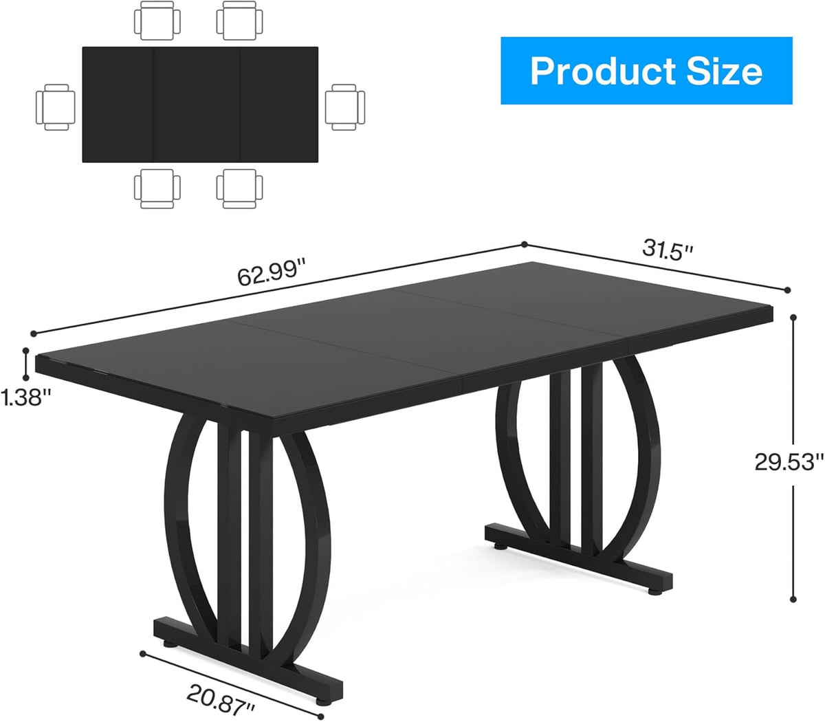 Tribesigns Black Dining Table for 4-6 People, 160 cm Rectangular Kitchen Table with Strong Metal Frame, Modern Industrial Kitchen and Dining Room Furniture