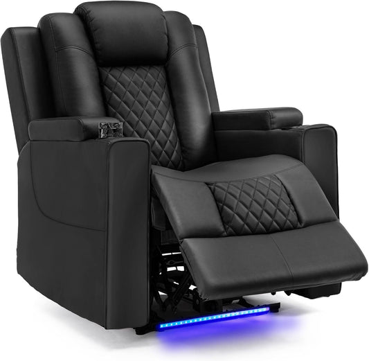 Elektrische Relaxfauteuil – Verstelbare Relaxstoel – Tv Stoel – Massagefauteuil – Zwarte Kunstleren Fauteuil – Traploos Verstelbare Rugleuning – Ingebouwde LED-Verlichting