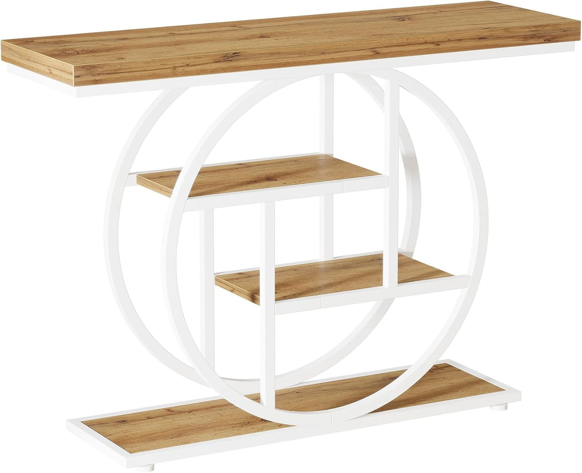 Tribesigns Console Table 105cm with 4 Levels, Narrow Industrial Sofa Table with Round Metal Frame, Wooden Entrance Table with Storage Racks for Living Room (Brown-White)
