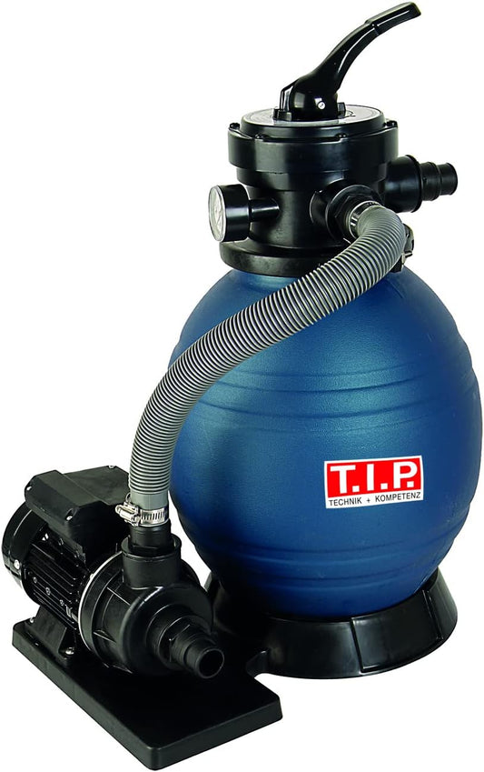 T.I.P. SPF 180 30307 Zandfiltersysteem, zwembadfilterset voor zwembaden tot max. 20 m³, debiet tot 7.900 l/u, max. opvoerhoogte 6 m/max. druk 0,6 bar, grote filtertank, 4-wegklep