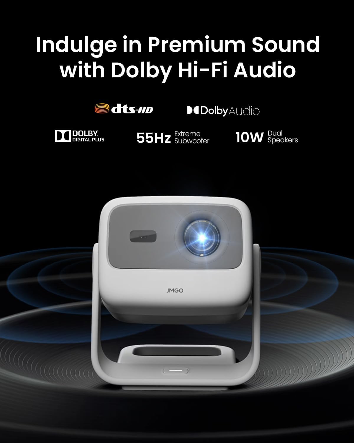 JMGO N1S 4K Mini Projector, Triple Laser, 1100 ISO Lumen, Instant Gimbal Autofocus, Google TV, Netflix, 110% BT.2020, HDR10, 10W Dolby Audio, 3D Blu-ray, 200" voor buiten, gaming en feestjes