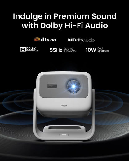 JMGO N1S 4K Mini Projector, Triple Laser, 1100 ISO Lumen, Instant Gimbal Autofocus, Google TV, Netflix, 110% BT.2020, HDR10, 10W Dolby Audio, 3D Blu-ray, 200" voor buiten, gaming en feestjes