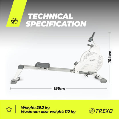 TREXO RM100 Rowing Machine with Magnetic Resistance System, 1-16 Flywheel, 3.5 kg, Weight Indication, Stable Construction, Ergometer, Rowing Machine - QUORE