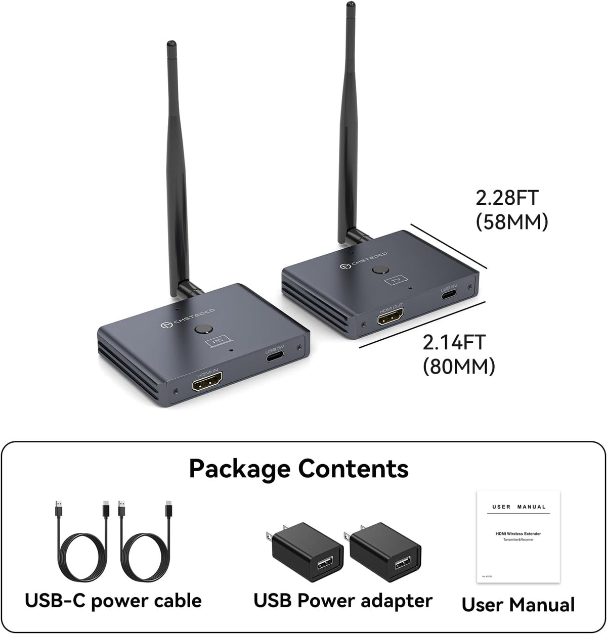 Draadloze HDMI-zender en -ontvanger, HDMI Draadloze Transmissie Loop-out, 100m/328 FT, 2,4 G+5,8 G, 4K-decodering 1080P@60Hz-uitgang, Streaming Video's van Laptop, Camera's Naar TV, Projector, Monitor