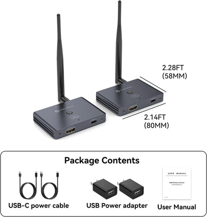 Draadloze HDMI-zender en -ontvanger, HDMI Draadloze Transmissie Loop-out, 100m/328 FT, 2,4 G+5,8 G, 4K-decodering 1080P@60Hz-uitgang, Streaming Video's van Laptop, Camera's Naar TV, Projector, Monitor