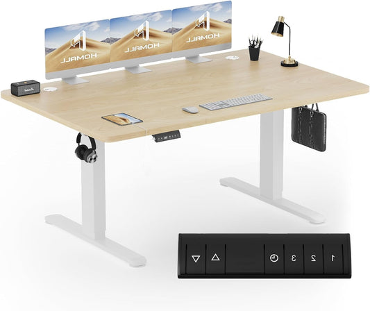 Elektrisch Verstelbaar Bureau – Zit-Sta Bureau – In hoogte Verstelbaar Bureau – Ergonomisch Bureau – Computertafel – Beige Houten Blad – Stalen Frame – 160x80 cm – 3 Geheugeninstellingen