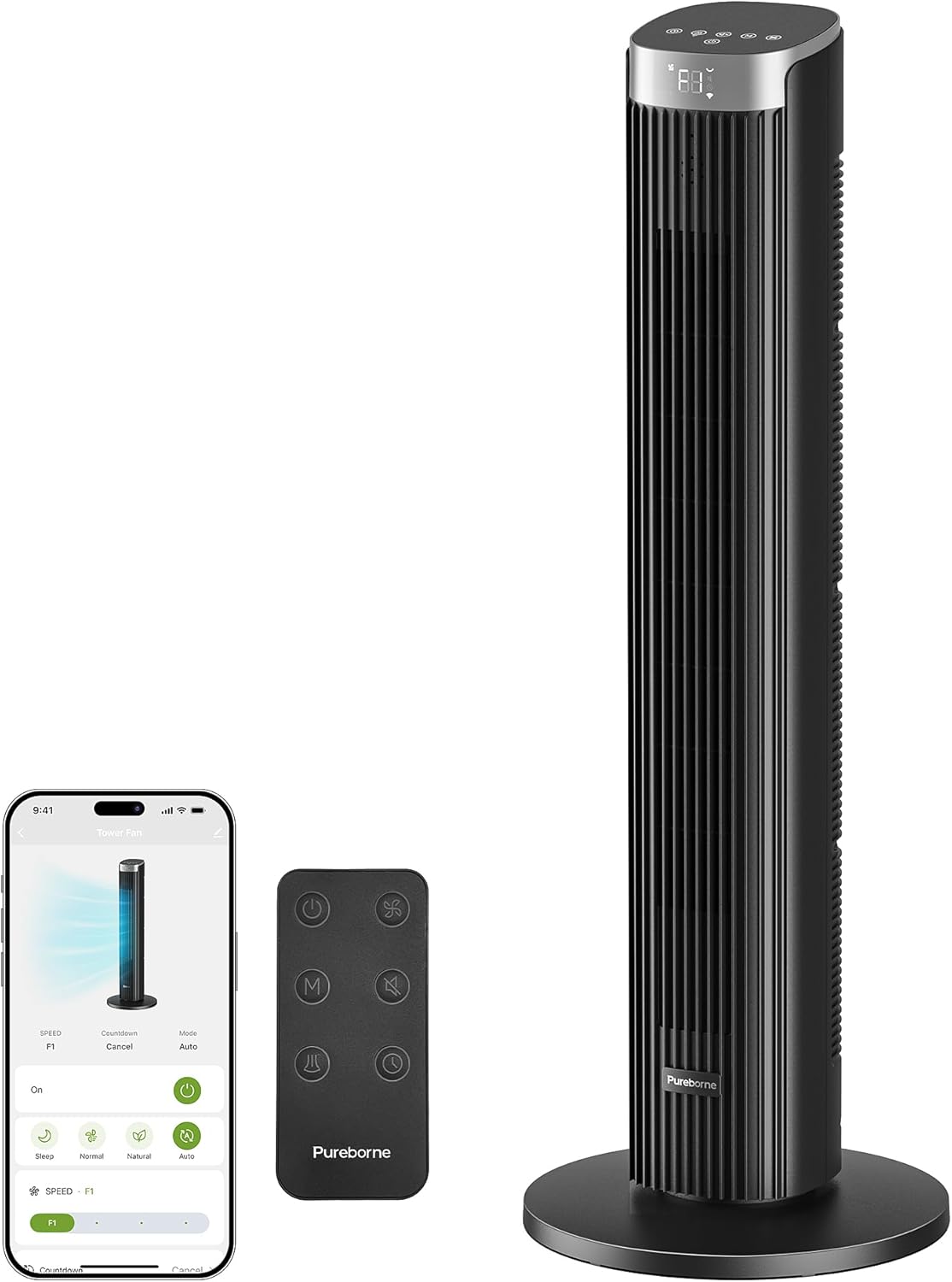 91 cm stille ventilator, 90° oscillatietorenventilator, staande ventilator met afstandsbediening en wifi, 4 standen en 4 modi, 12-uurs timer, torenventilatoren voor slaapkamer, zwart