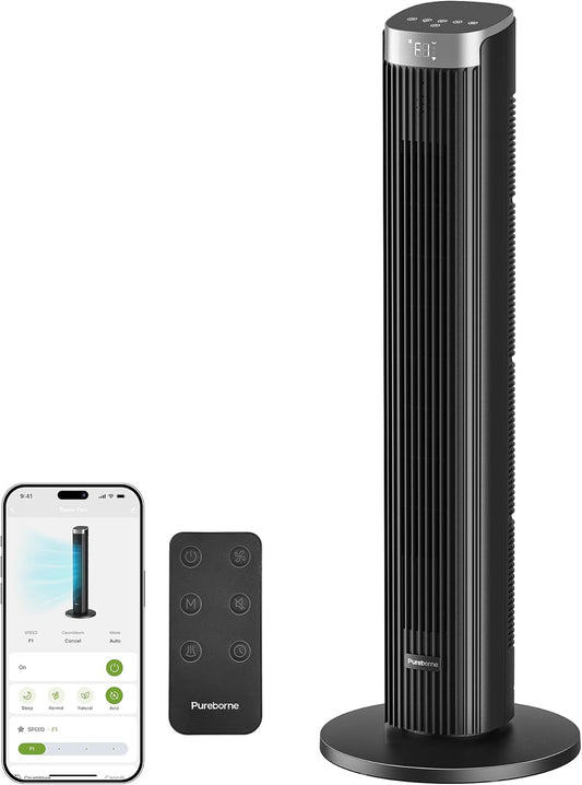91 cm stille ventilator, 90° oscillatietorenventilator, staande ventilator met afstandsbediening en wifi, 4 standen en 4 modi, 12-uurs timer, torenventilatoren voor slaapkamer, zwart