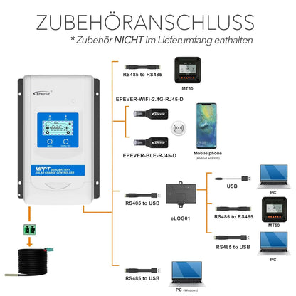 EPEVER® MPPT DuoRacer 30A laadregelaar solar charging controller DR3210N voor 2 batterijen, 12V/24V auto work, PV 100V (DR3210N)