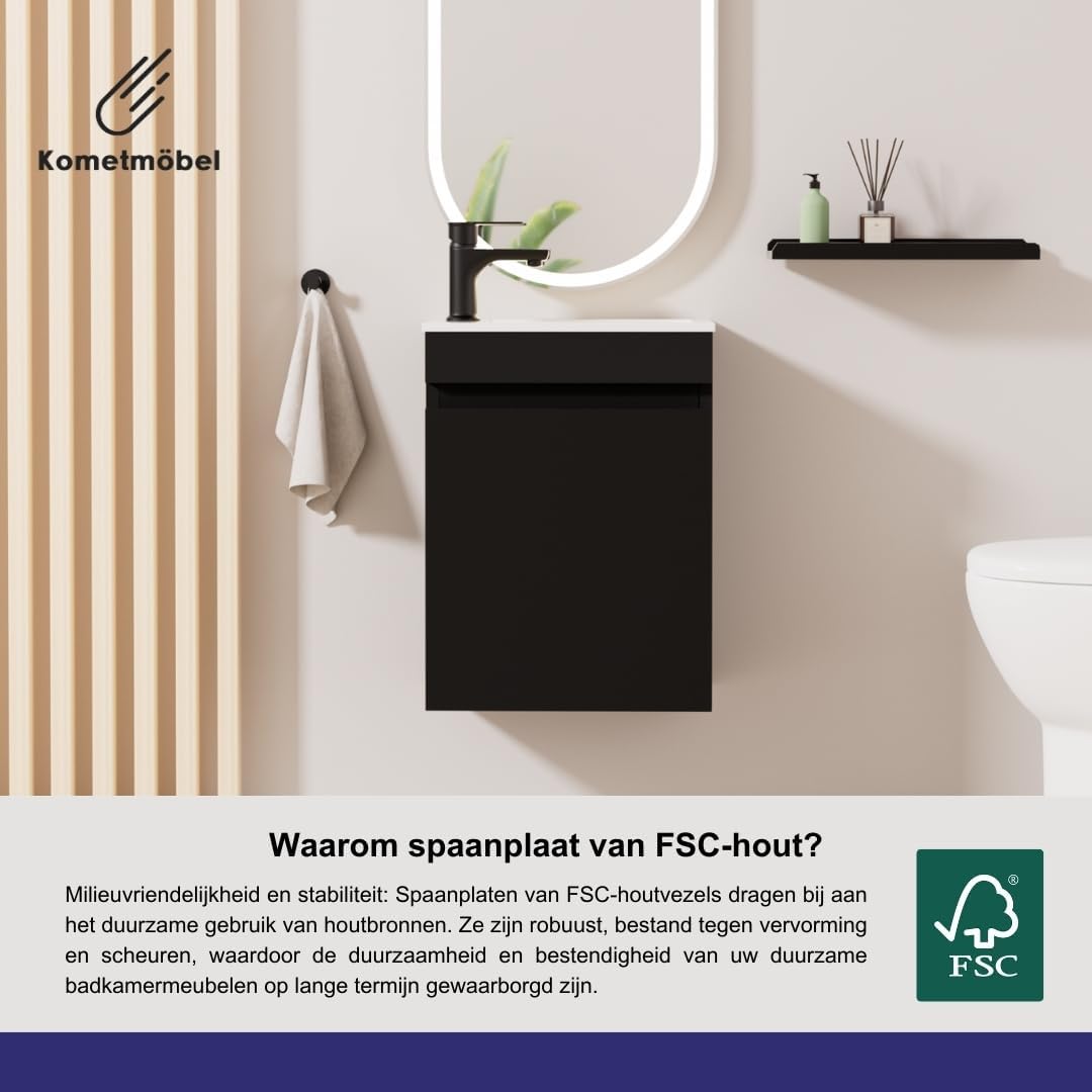 wastafel met onderkast 40 cm voorgemonteerd klein (Zwart, Met spiegel)