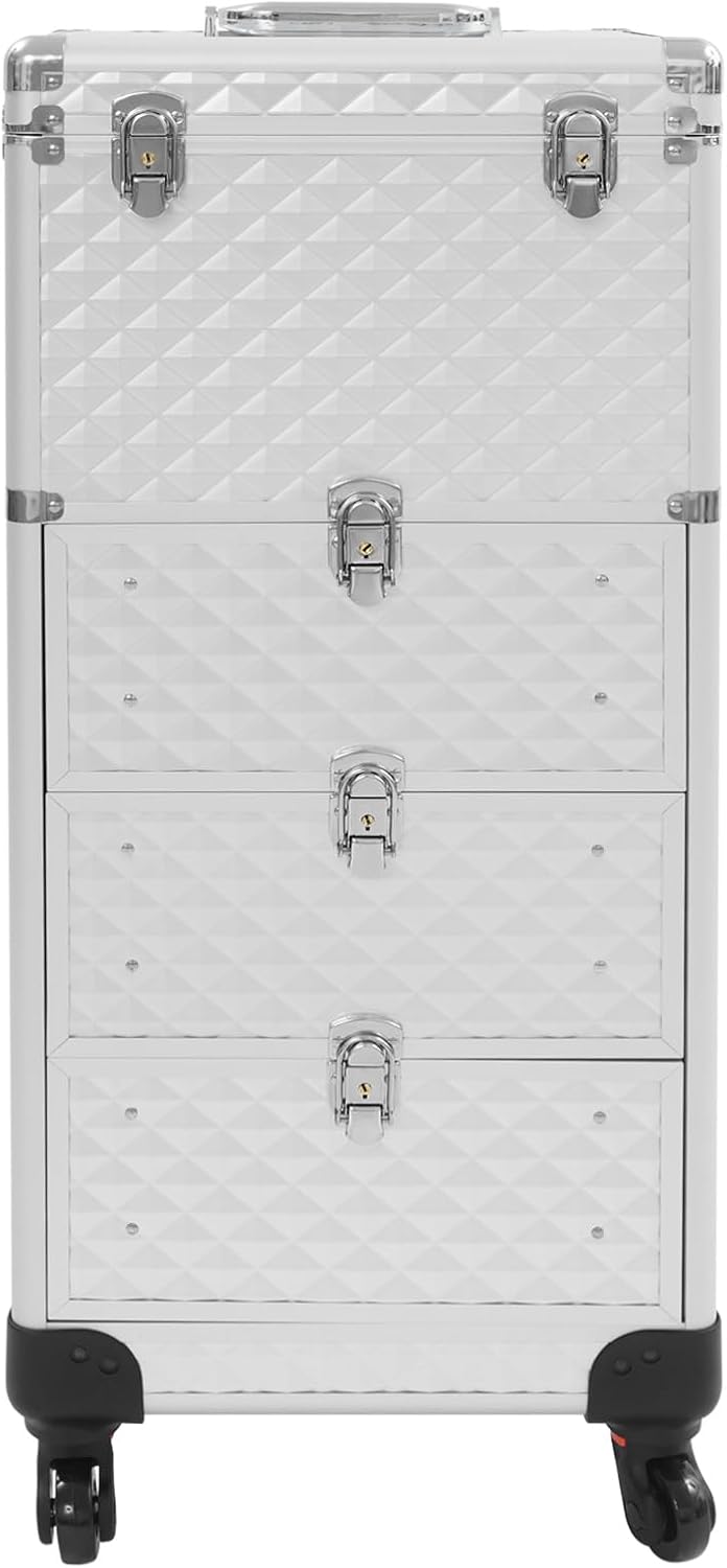 OUKANING Professional Makeup Case Trolley with Lock 3 Drawers and Telescopic Handle Shockproof Aluminium Cosmetic Case with 4 Wheels for Makeup Artists Travel Salon (Silver, Water Cube Pattern - QUORE