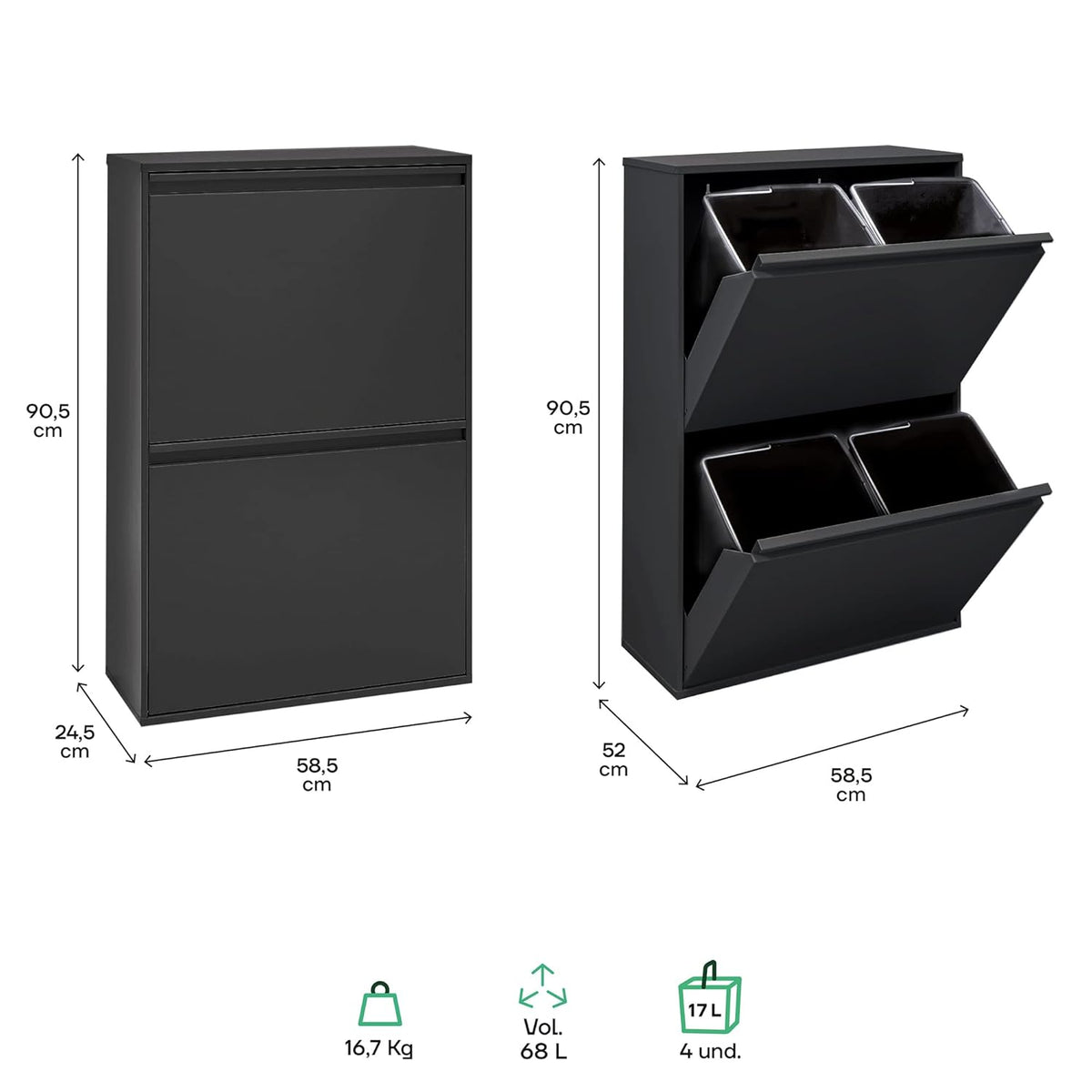 ARREGUI Basic CR606-B Recycling Container | Steel Waste Container | 4 Compartments 4x17 L (68 L) | Multifunctional Recycle Bin for Waste Separation | Waste Bin for Kitchen, Home or Office | Black - QUORE