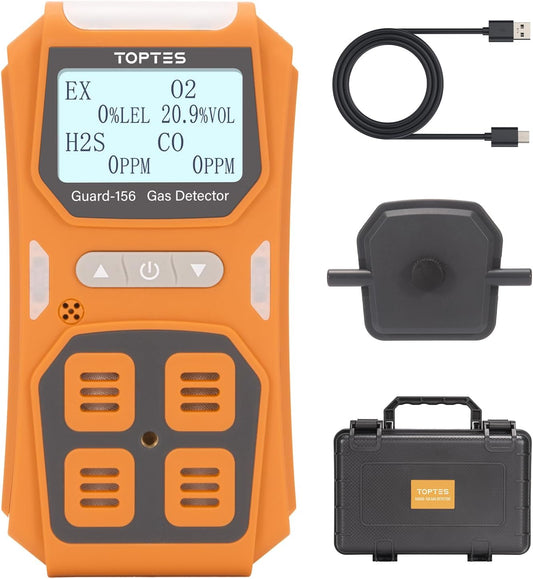 TOPTES Guard-156 4 Gas Monitor Multi Gas Detector voor H2S, CO, LEL en O2, drievoudige alarmmodi (visueel, trillingen, geluid), 20s snelle reactie, stof- en explosiebestendig ontwerp voor werk en