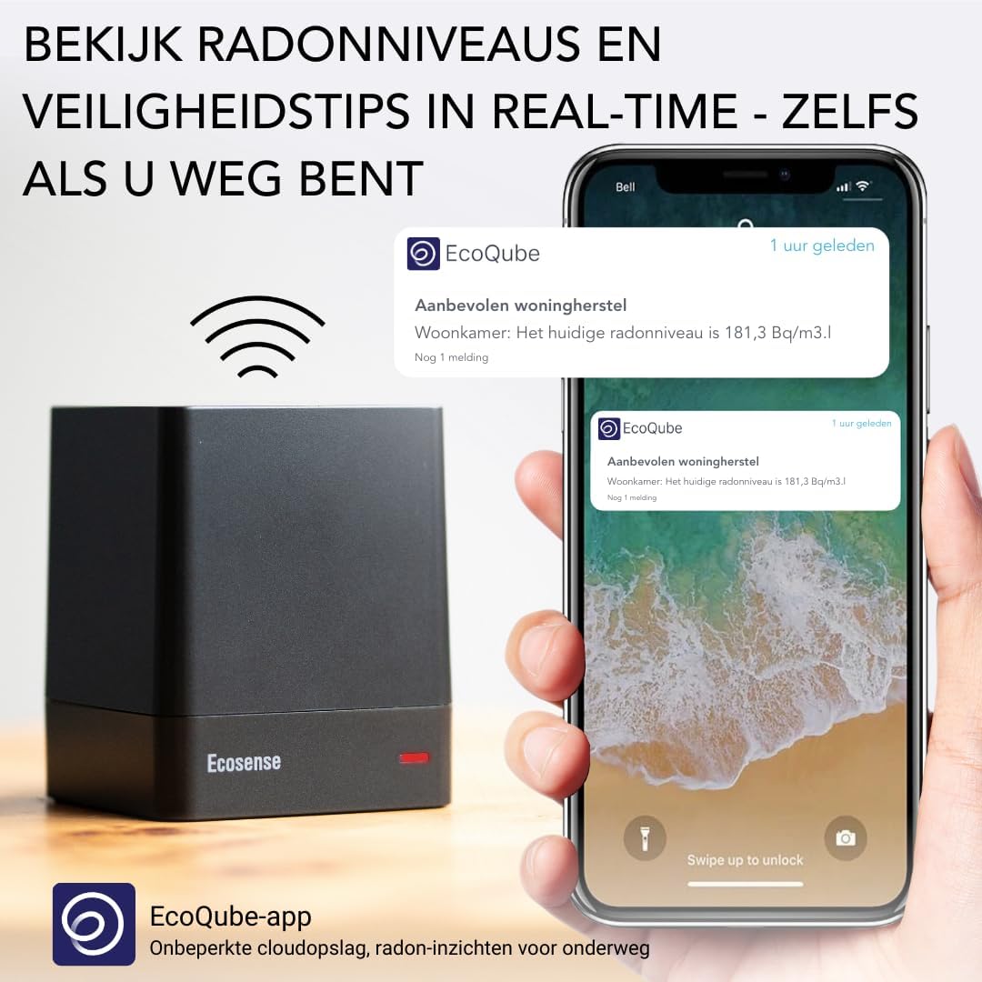 Ecosense EQ100 EcoQube, digitale radondetector, snelle detectie van schommelende niveaus, korte- en langetermijnmonitoring met trendgrafieken, externe gegevens toegang, Wi-Fi 2,4 GHz alleen netwerken