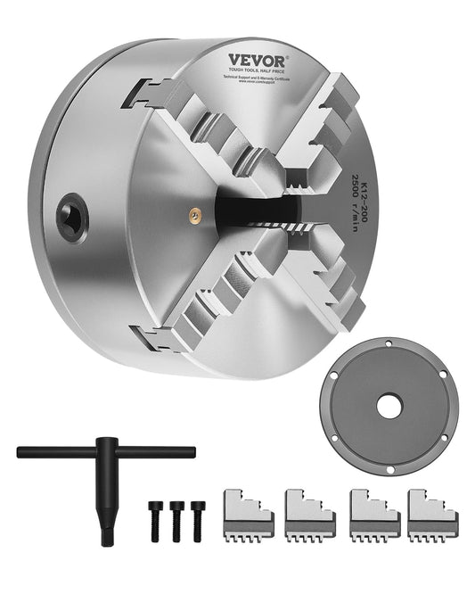 VEVOR Draaibankhouder met 4 kaken, 200 mm, zelfcentrerende boorkop met 1 1/2"-8 schroefdraadsteunplaat, 4-200 mm klembereik met T-moersleutelschroeven, HT300-materiaal, voor hout-metaaldraaibank