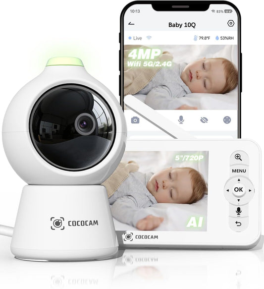 COCOCAM 2K 4MP AI 5" babyfoon met camera 2.4G/5GHZ wifi, gezichtsbedekking/buikdetectie, slim tijdalbum, AI-detectie, automatisch volgen, huil-/geluidsdetectie, IR-nachtzicht, AES-encryptie