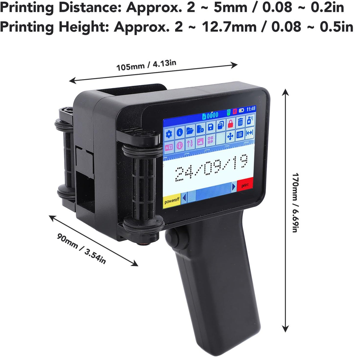 SEAFRONT Handheld Inkjetprinter met Inkt, 4,3-inch Touchscreen 600 Dpi voor Tekst Barcode Datum QR-codelabel Ergonomisch Ontwerp 1500 MAh Batterij Meerdere Oppervlakken Afdrukken
