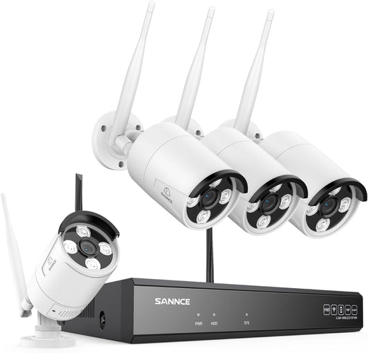 SANNCE Wifibewakingscameraset voor buiten, 8CH 5MP NVR met 4 x 3MP draadloze wificamera's, outdoor, 3MP draadloos bewakingssysteem, AI herkenning, 24/7 opname, IP66-weerbestendig