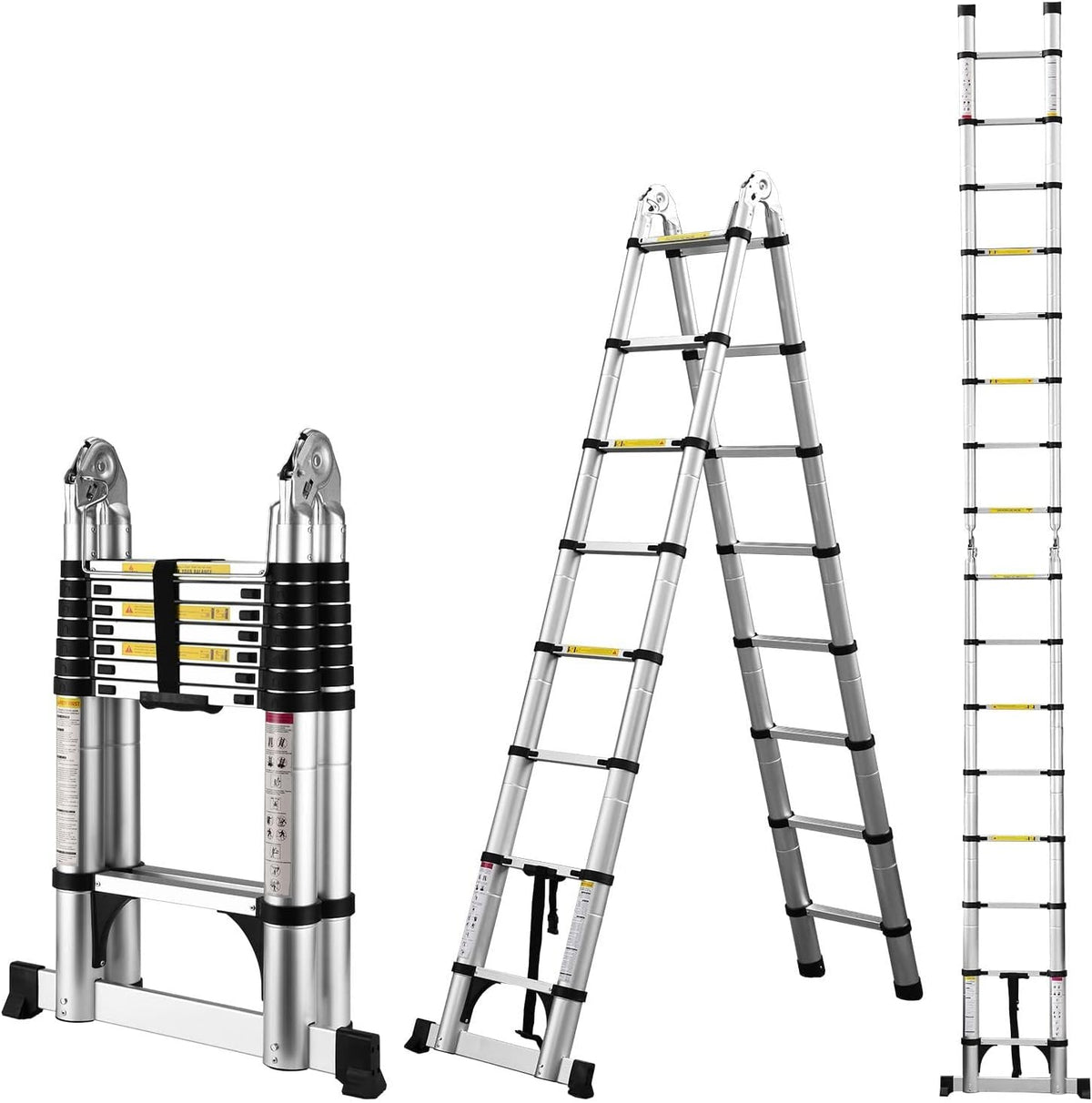 Telescopische ladder van aluminium, vouwladder, multifunctionele ladder, staande ladder, uittrekbare ladder, maximale belasting: 150 kg, zilver