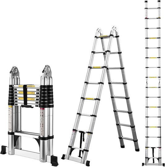 Telescopische ladder van aluminium, vouwladder, multifunctionele ladder, staande ladder, uittrekbare ladder, maximale belasting: 150 kg, zilver