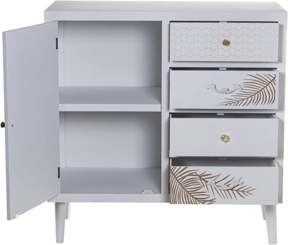 DRW Dressoir met 1 deur en 4 laden van hout met reliëf lemmet in wit en goud 80 x 40 x 80 cm