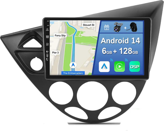 Autoradio, 6 GB + 128 GB, Android 14, voor Ford Focus MK1 C170 Fiesta 1995-2005, geïntegreerde CarPlay/Android Auto/DSP/GPS), 9 inch IPS-scherm, DAB/Mirror Link/Bluetooth 5.0/360 camera