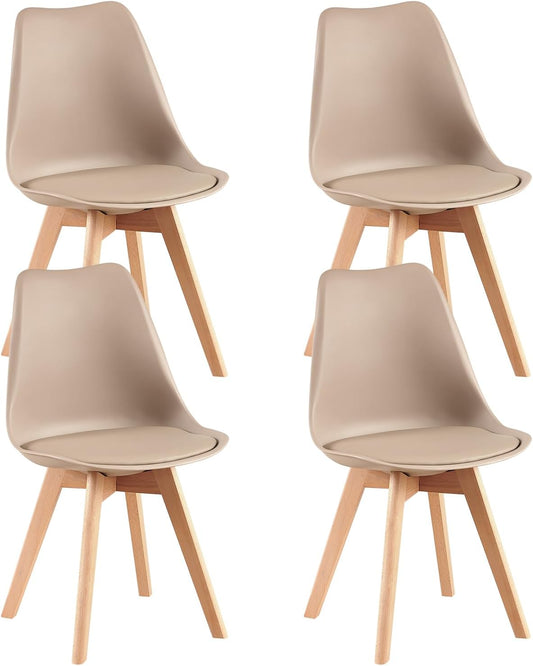 EGGREE Scandinavische eetkamerstoelen, SGS-geteste gestoffeerde keukenstoel, retro-bureaustoel met poten van massief beukenhout, licht kaki, 4 stuks