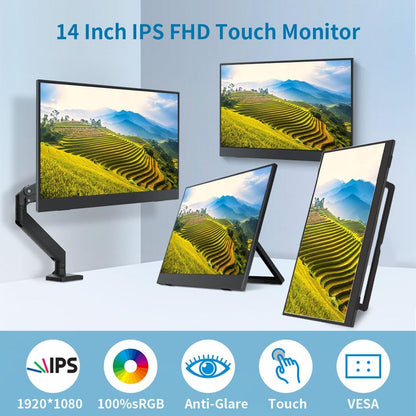 Draagbare monitor Touchscreen 14 inch, USB-C & FHD extern display 100% sRGB anti-schittering oogverzorging, privacybescherming, laag vermogen, VESA monteerbare reismonitor voor laptop/Mac/Gaming