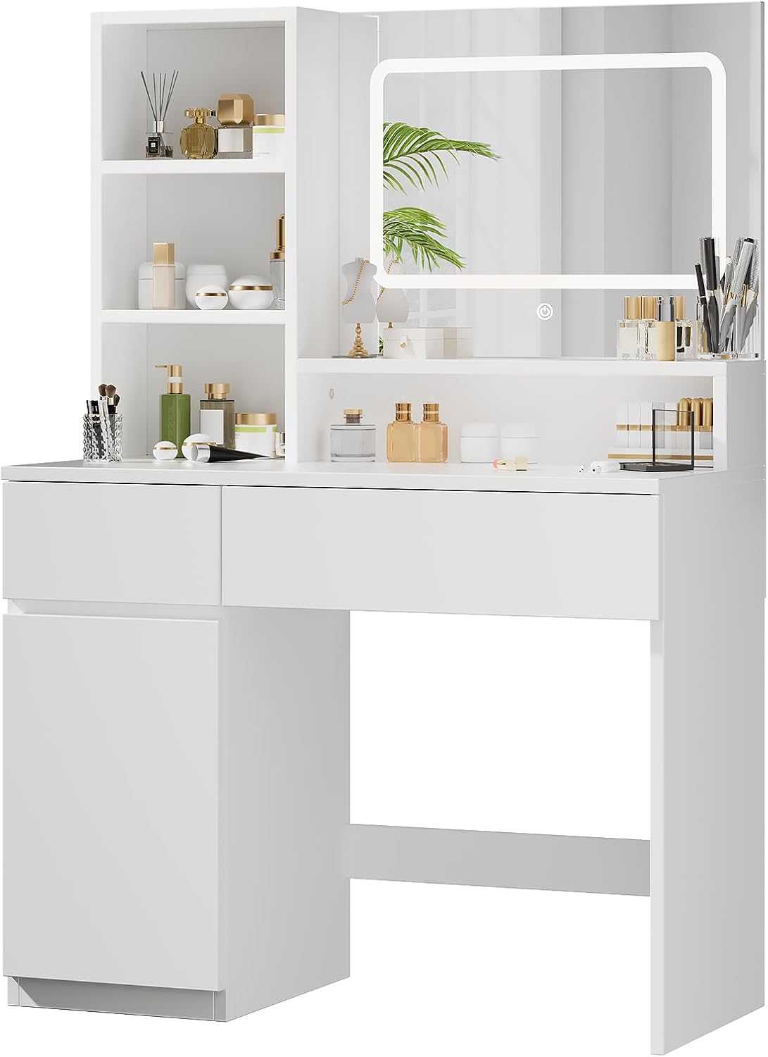 Devoko Makeup Table with Mirror, Adjustable LED Lights, Adjustable Shelves with 2 Drawers, Dressing Table, Modern White Wood Dressing Table - QUORE