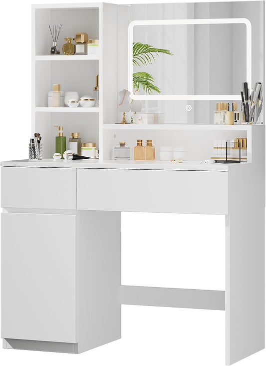 Devoko Makeup Table with Mirror, Adjustable LED Lights, Adjustable Shelves with 2 Drawers, Dressing Table, Modern White Wood Dressing Table - QUORE
