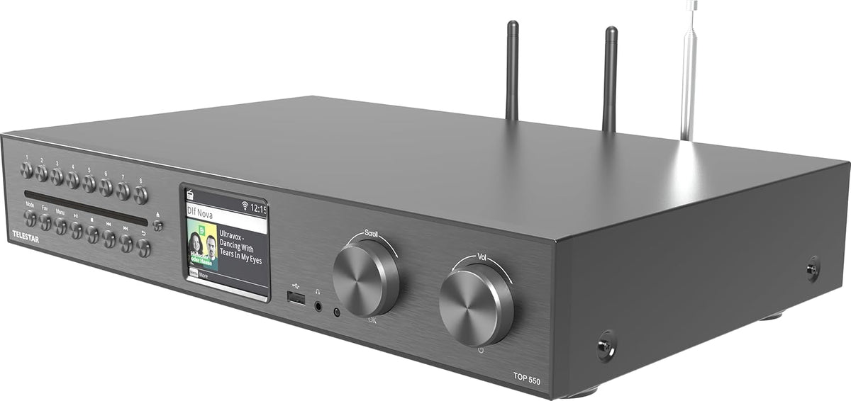 TELESTAR TOP 550 HiFi-systeem met versterker en cd-speler (43 cm breedte, 2 × 30 W, internetradio/DAB+, Bluetooth zend-/ontvangstfunctie, USB-opname, streamingdiensten) - zwart
